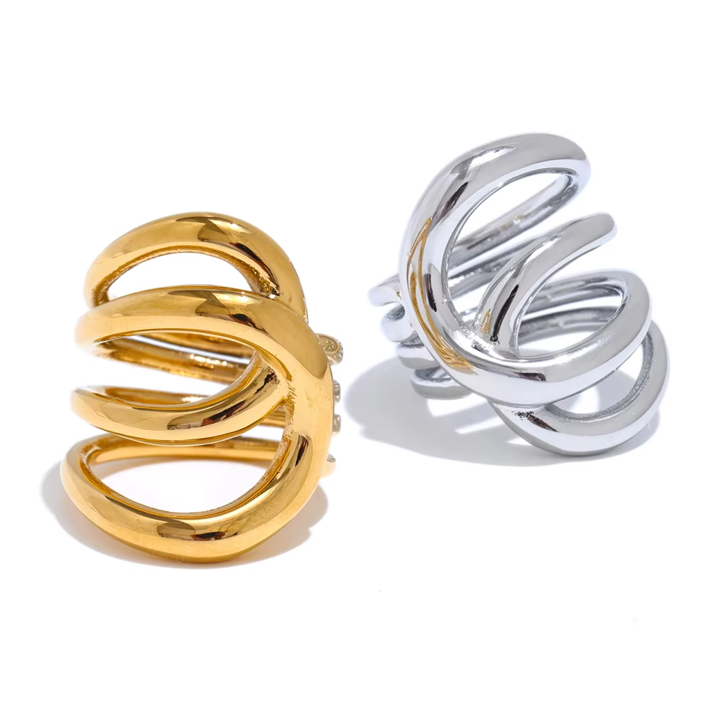 Hollow Stainless Steel Metal Cast Fashion Ring 18K Gold Plated PVD Waterproof Finger Ring for Women Jewelry Gift