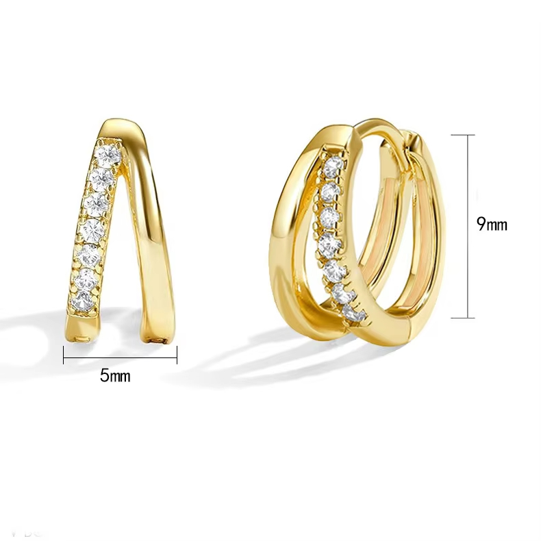 Hot Sale 925 Sterling Silver Brass 18K Gold Plated Round Double AAAAA Zirconia Huggie Hoop Earrings Jewellery for Women