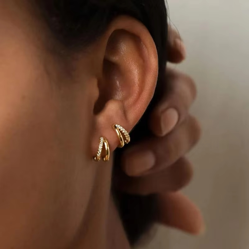Hot Sale 925 Sterling Silver Brass 18K Gold Plated Round Double AAAAA Zirconia Huggie Hoop Earrings Jewellery for Women
