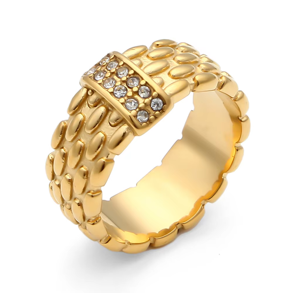 INS Popular 18K Gold Plated Woven Stainless Steel Zircon Ring for Women and Men
