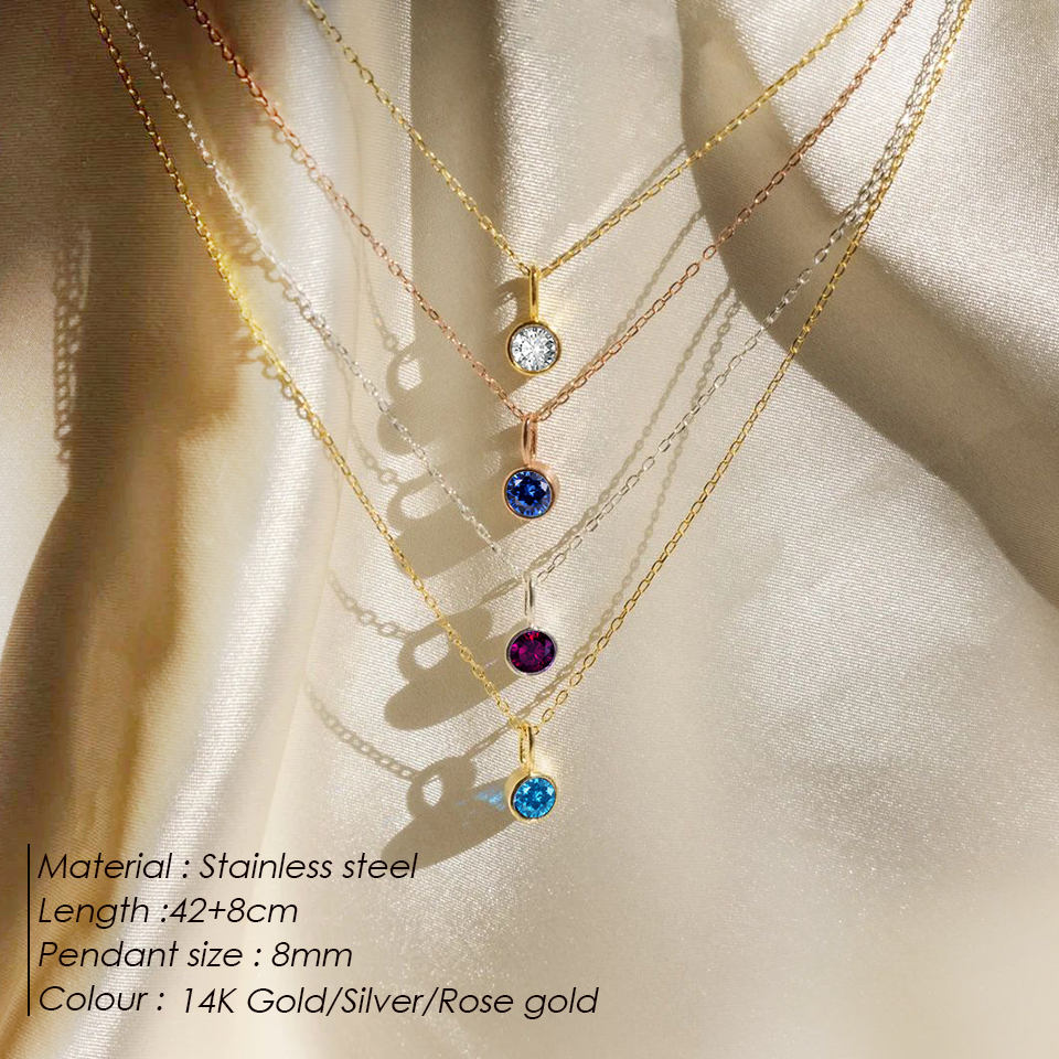 INS Stainless Steel 14K Gold Plated 8MM Colorful Zircon Birthstone Pendant Necklace Titanium Steel 12Months Zircon Necklace