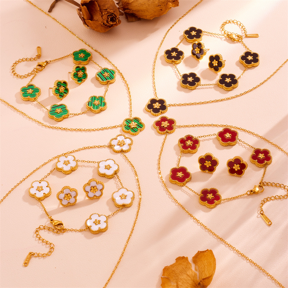 INS Style 18K Gold Plated Flower Five Clover Bracelet Earrings Necklace Waterproof Stainless Steel Jewelry Set for Women