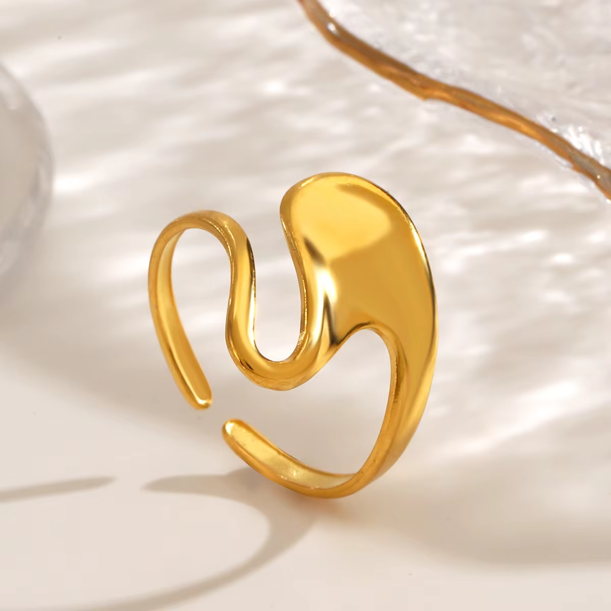 Ins Popular Irregular Open Ring – 18K PVD Gold Plated Stainless Steel Adjustable Statement Ring for Women