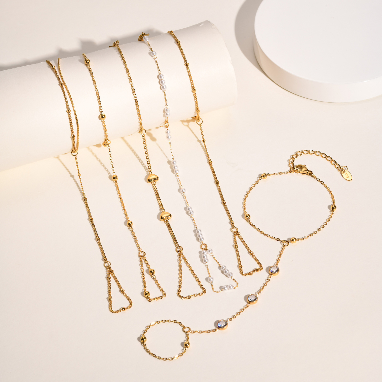 Ins Popular Stainless Steel Gold Plated Ring and Bracelet Cubic Zirconia Pearls Hand Jewelry Bracelet for Women Party Gifts