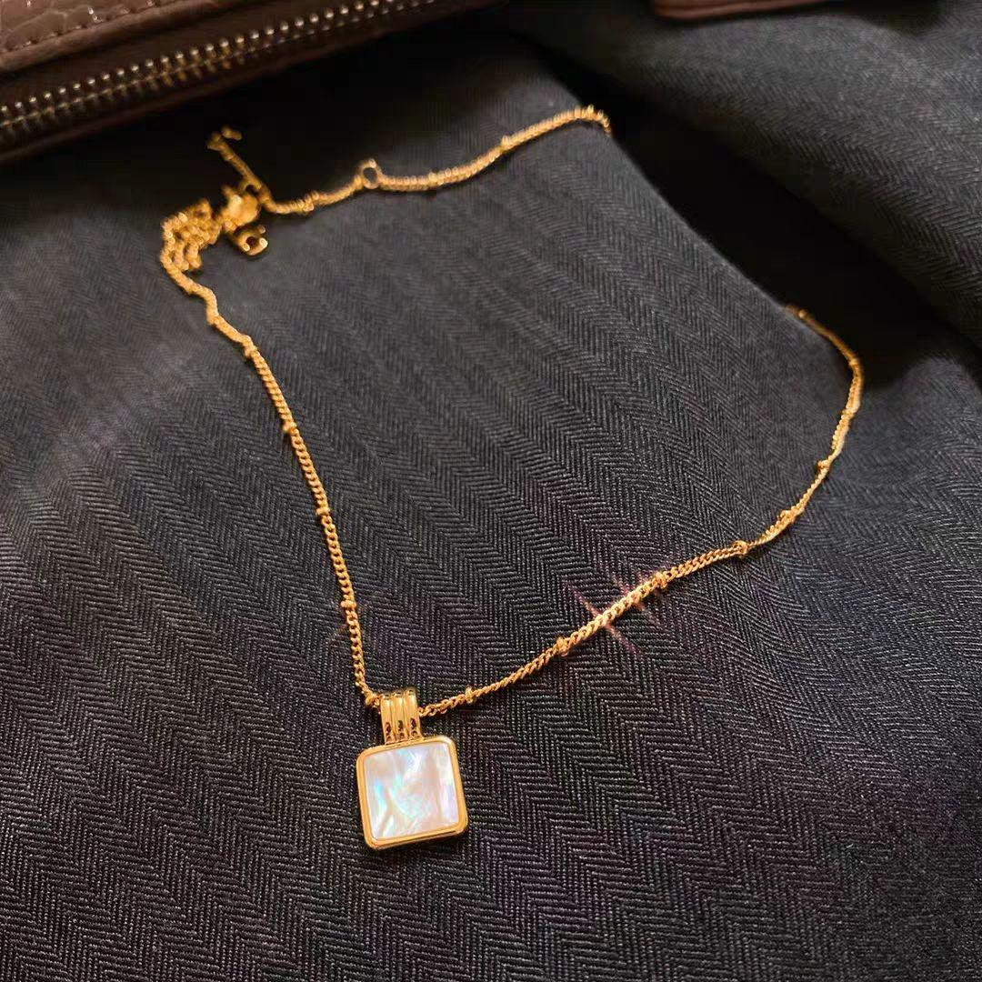 Iridescent Square Pendant Necklace – 18K Gold Plated Stainless Steel Mother of Pearl Jewelry