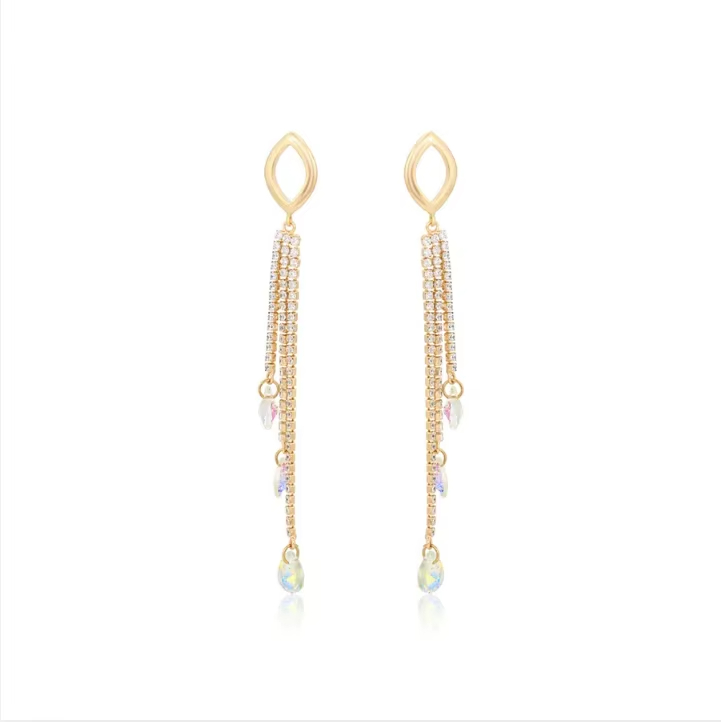 Jewelry Fashion Jewelry Elegant Lively Daily Rectangle Agile Tassel Small Stone 18K Gold Plated Color Earrings