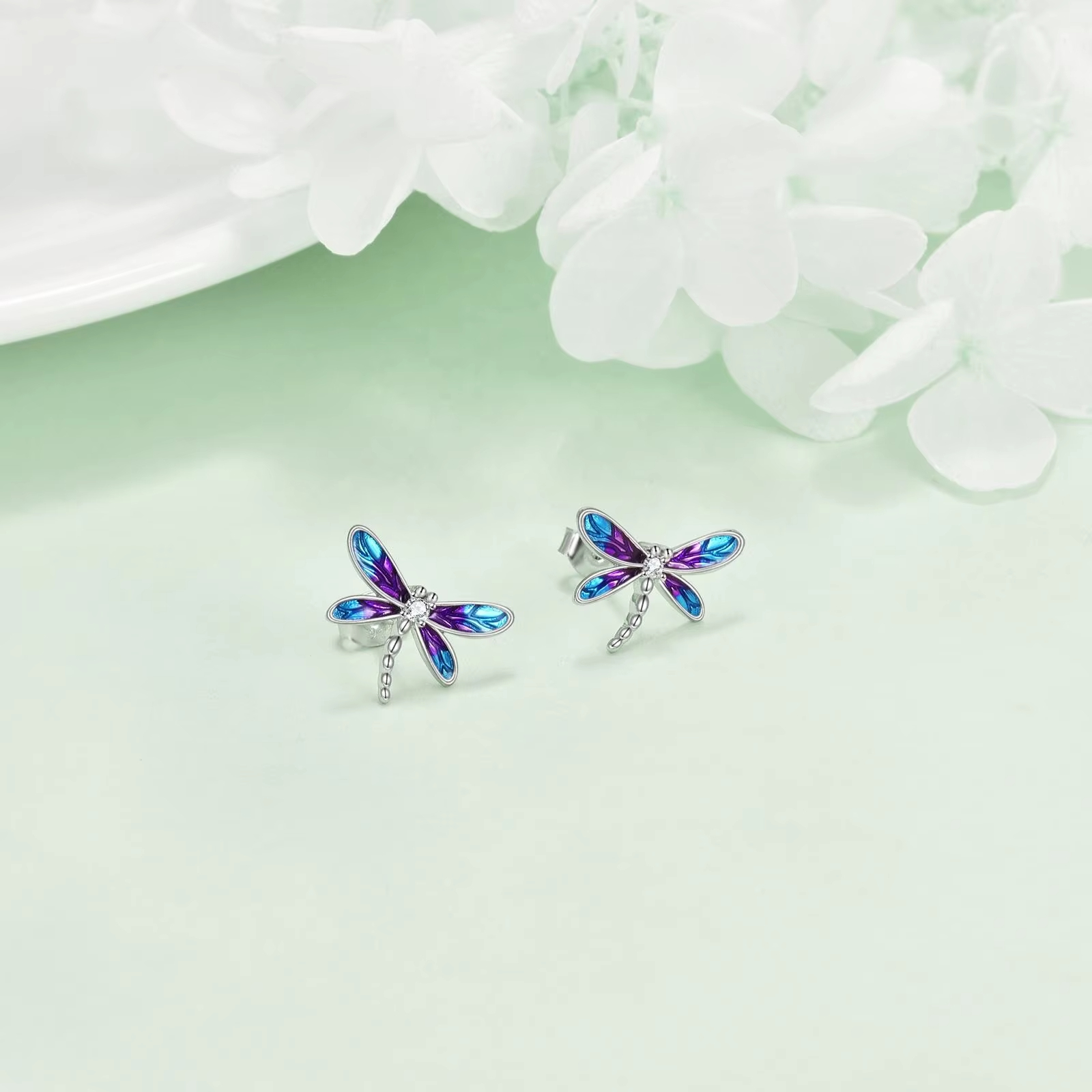Jewelry Gifts 925 Sterling Silver Zircon Enamel Dragonfly Stud Earrings for Women