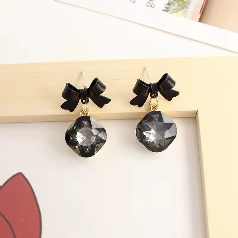 Korean Style Black Bowknot Drop Earrings Big Rhinestone Stud Earrings Girls Cute Earrings Jewelry Accessories for Women