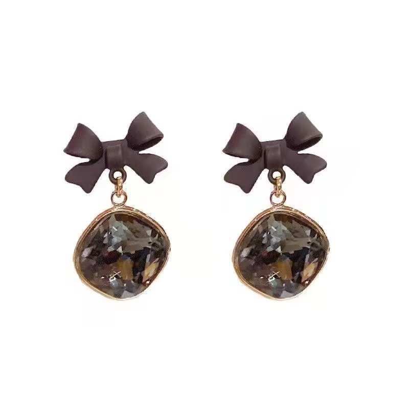 Korean Style Black Bowknot Drop Earrings Big Rhinestone Stud Earrings Girls Cute Earrings Jewelry Accessories for Women