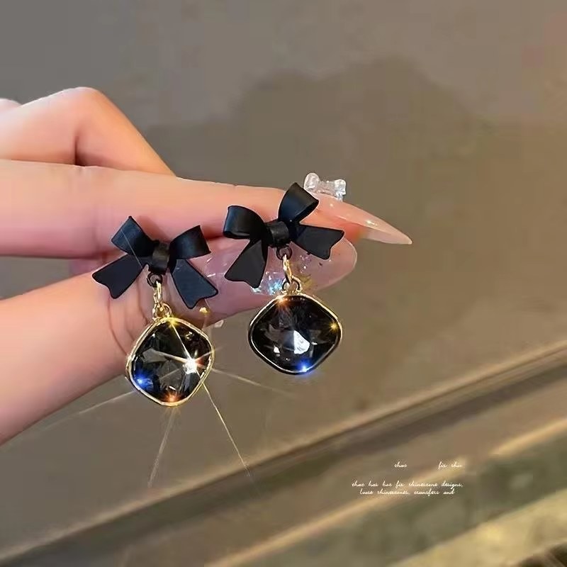 Korean Style Black Bowknot Drop Earrings Big Rhinestone Stud Earrings Girls Cute Earrings Jewelry Accessories for Women