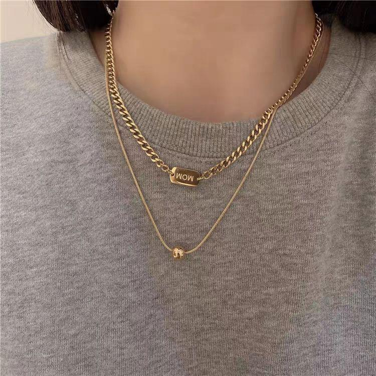 Layered Gold Plated Necklace Set for Women – Minimalist Chunky Chain with WOW Pendant & Dainty Bead
