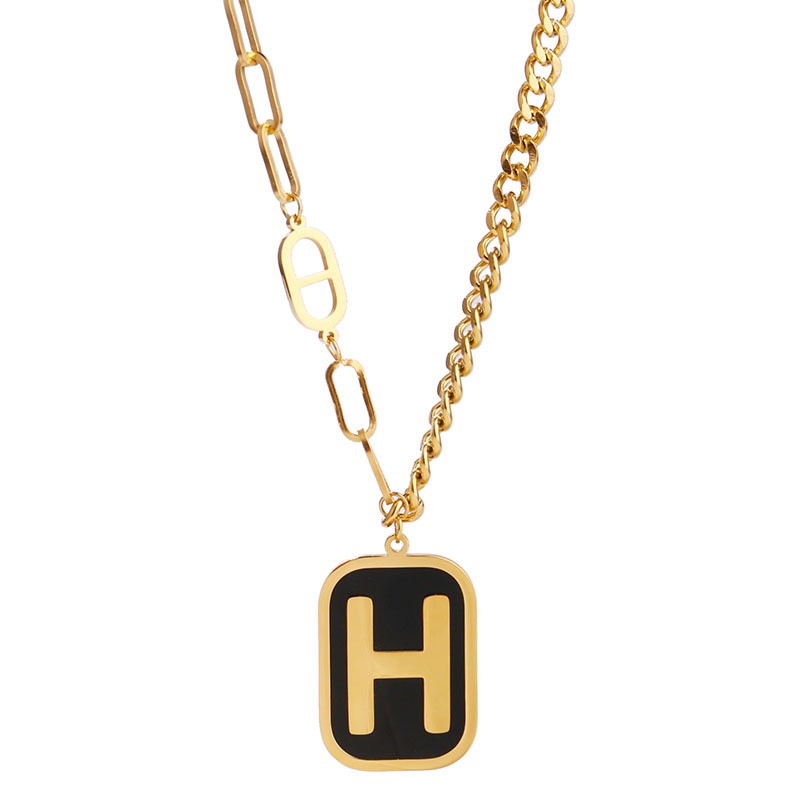 Gold Letter Pendant Necklace with Black Enamel Background – Chunky Chain Initial Jewelry