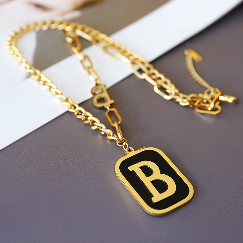 Gold Letter Pendant Necklace with Black Enamel Background – Chunky Chain Initial Jewelry