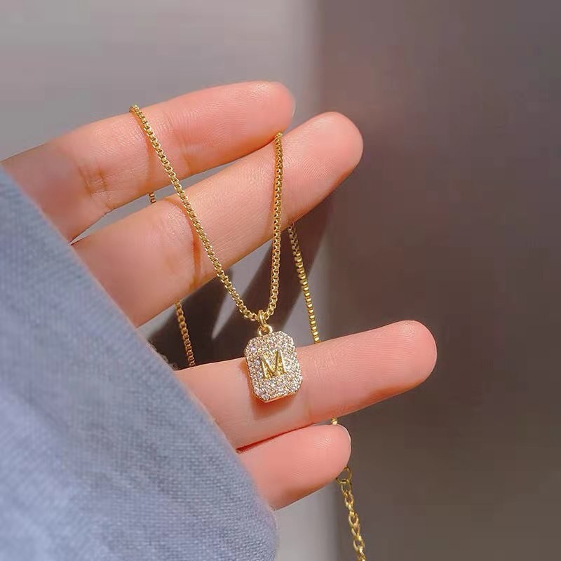 Gold Titanium Steel Initial M Pendant Necklace with Crystals – Dainty Personalized Jewelry