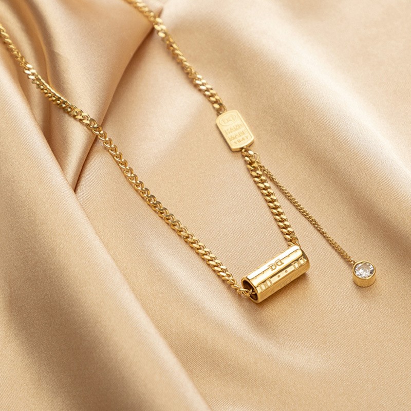 Trendy Titanium Steel Lock Pendant Necklace – Gold Chain with Tag & Zircon Accent for Women