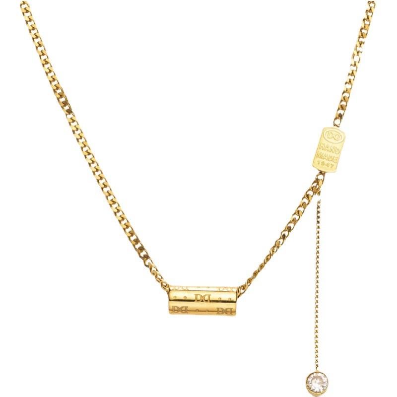 Trendy Titanium Steel Lock Pendant Necklace – Gold Chain with Tag & Zircon Accent for Women