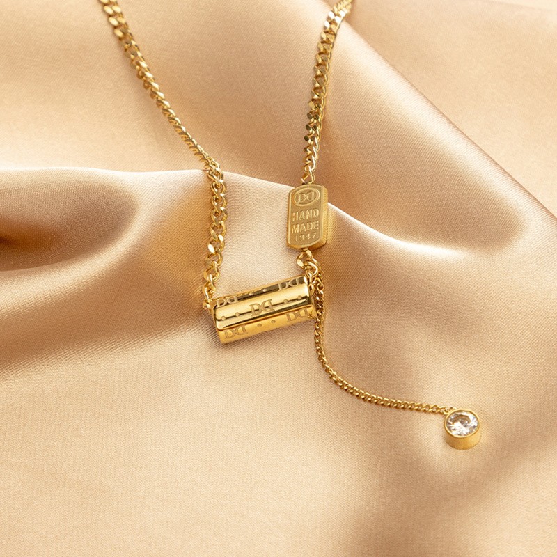 Trendy Titanium Steel Lock Pendant Necklace – Gold Chain with Tag & Zircon Accent for Women
