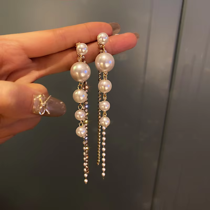 Long Pearl Dangle Earrings Full Diamond Simulated Pearl Tassel Drop Earrings Gold Plated Long Pearl Earrings for Women