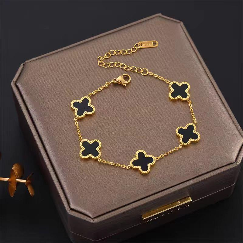 Luxury 18K Gold Plated Four-Leaf Clover Bracelet for Women – Elegant Black Enamel Lucky Charm Jewelry with Adjustable Chain, Minimalist Design, Fashion Gift for Her