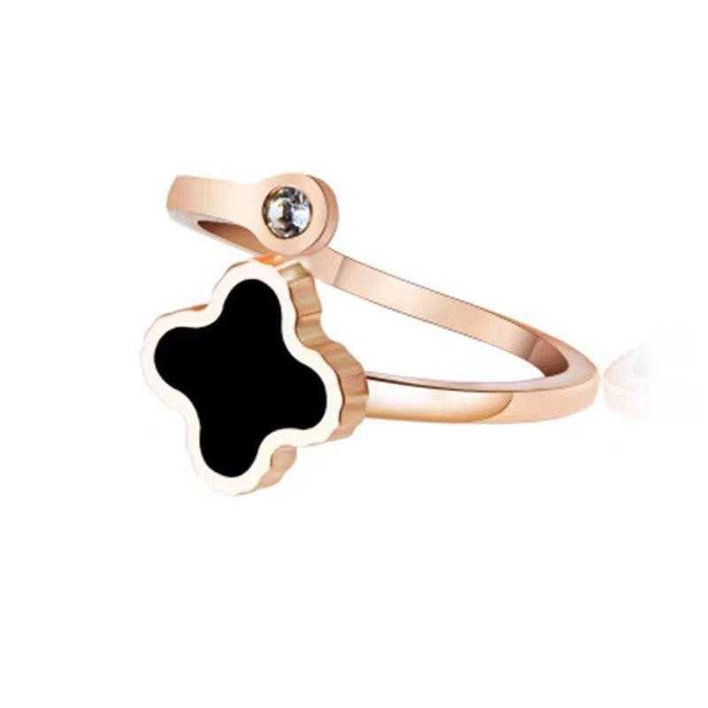 Luxury Black Clover Ring – Rose Gold Adjustable Stainless Steel Women's Ring with Cubic Zirconia Accent