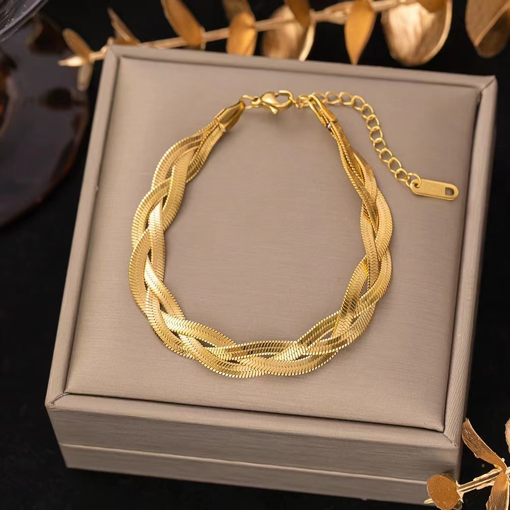 Luxury Braided Snake Chain Bracelet for Women – 18K Gold Plated Flat Woven Link Adjustable Fashion Jewelry, Elegant Layered Look Statement Chain for Daily Wear and Gifts