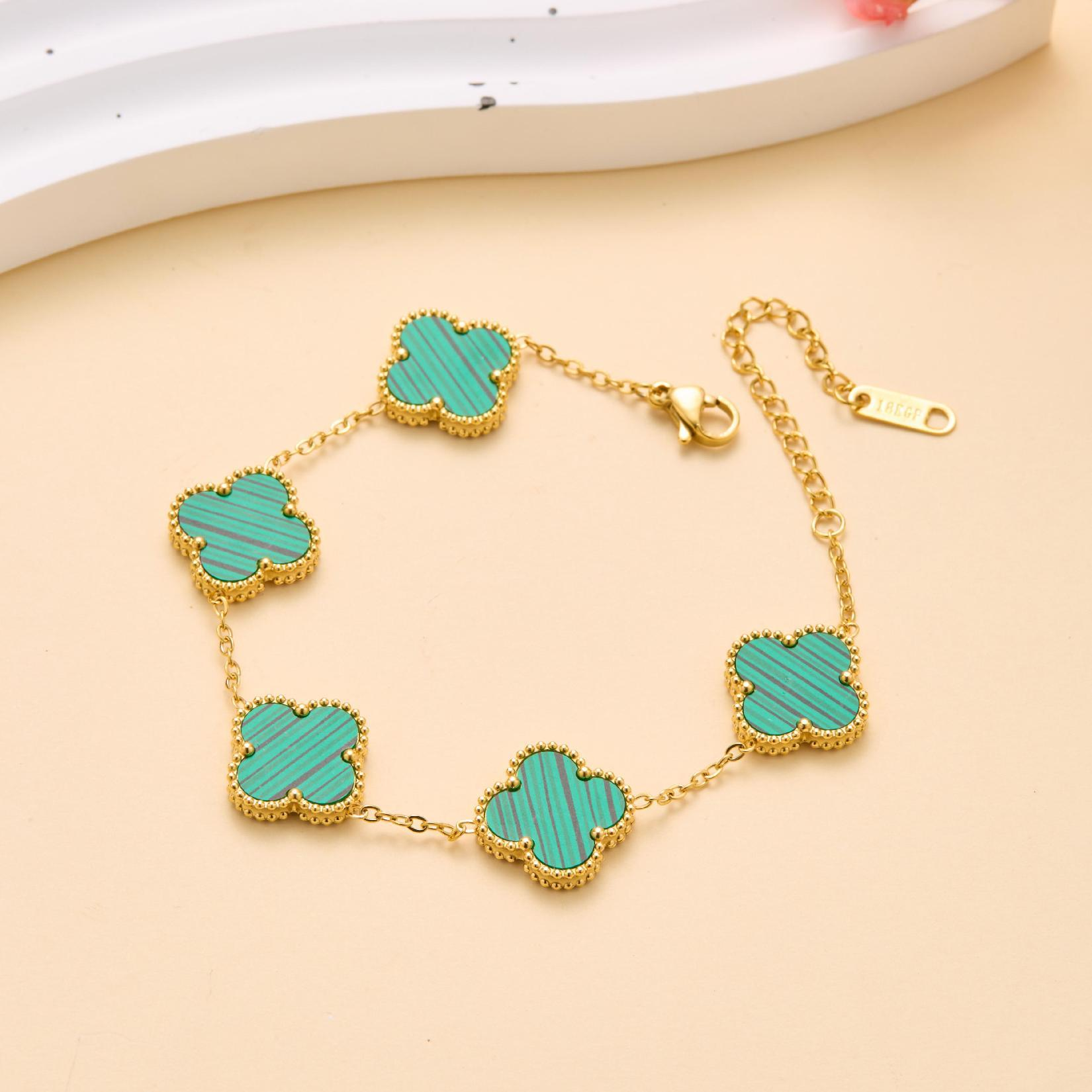 Luxury Clover Bracelet for Women - Gold Plated Chain with Green Malachite Charm - Adjustable Fashion Jewelry Gift