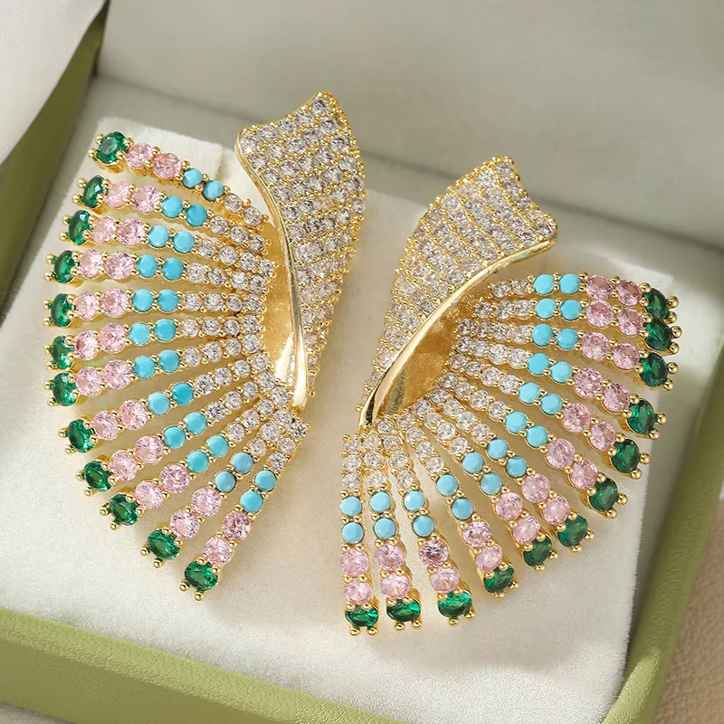 Luxury Color,White Zircon Big Leaf Earrings High Quality CZ Women Silver,Gold Plated Jewelry Wedding Bride Large Earrings