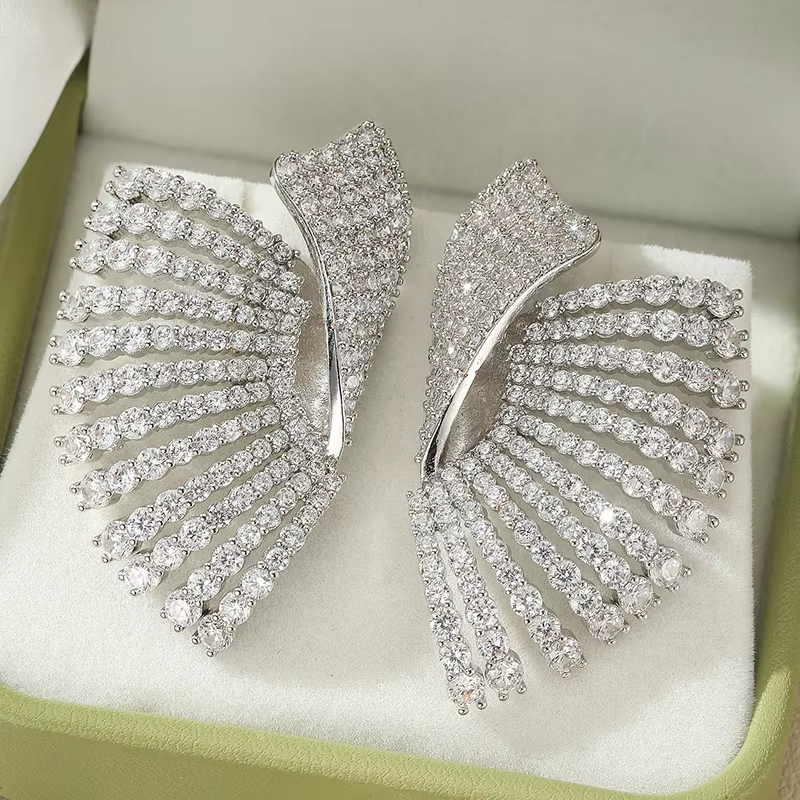 Luxury Color,White Zircon Big Leaf Earrings High Quality CZ Women Silver,Gold Plated Jewelry Wedding Bride Large Earrings