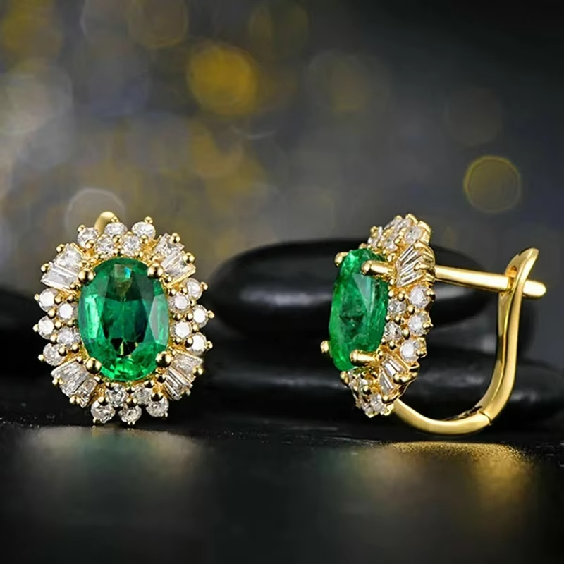 Luxury Flowers Design Oval Green Crystal Cubic Zirconia Earrings Women Wedding Fashion Jewelry Gold Plated Hoop Earrings