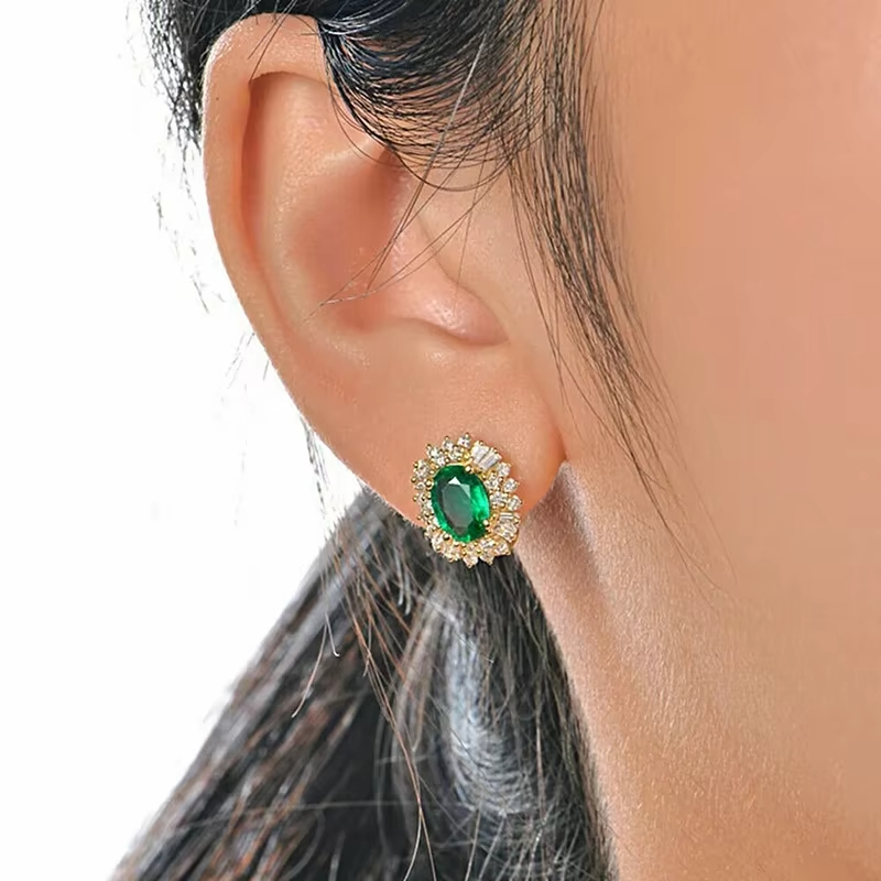 Luxury Flowers Design Oval Green Crystal Cubic Zirconia Earrings Women Wedding Fashion Jewelry Gold Plated Hoop Earrings