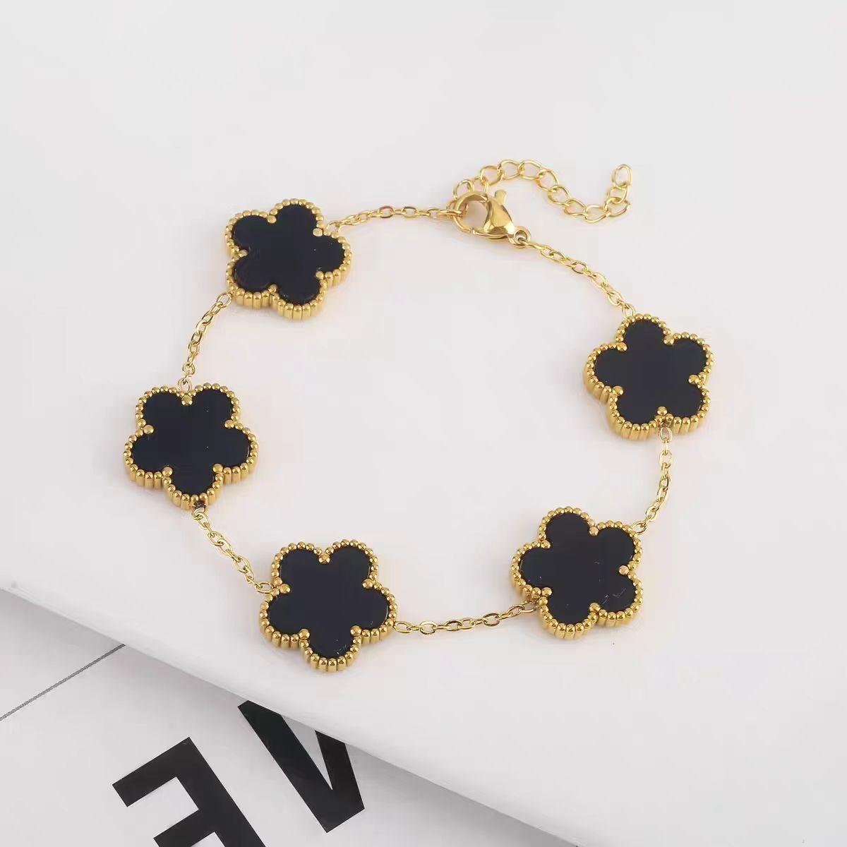 Luxury Gold Black Clover Flower Bracelet for Women – Stainless Steel 18K Gold Plated Elegant Jewelry Gift OEM Wholesale