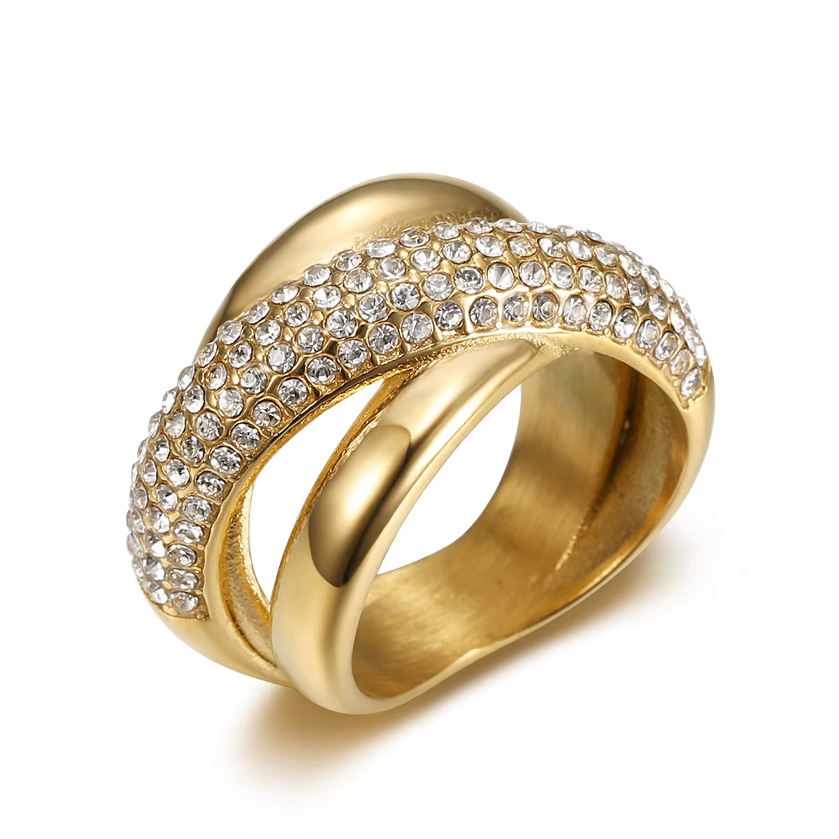 Luxury Hip-Hop Style Three-Band Gold-Plated Ring – European American Fashion Stainless Steel Diamond-Studded Jewelry