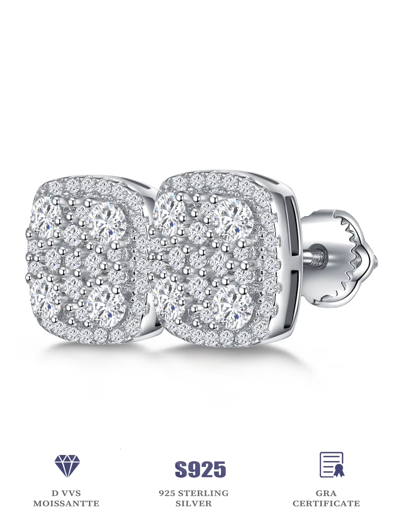 Luxury Rhodium Plated Fine Lab Grown Diamond Earrings VVS Moissanite Custom Women S925 Sterling Silver Stud Earrings