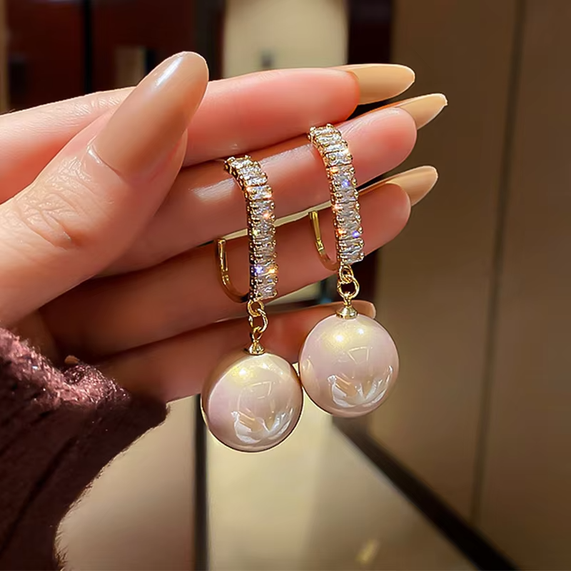 Luxury Shiny Oversize Gray Pearl Drop Earrings for Women Crystal Golden Round Pearl Wedding Dangle Earrings Jewelry Party Gift