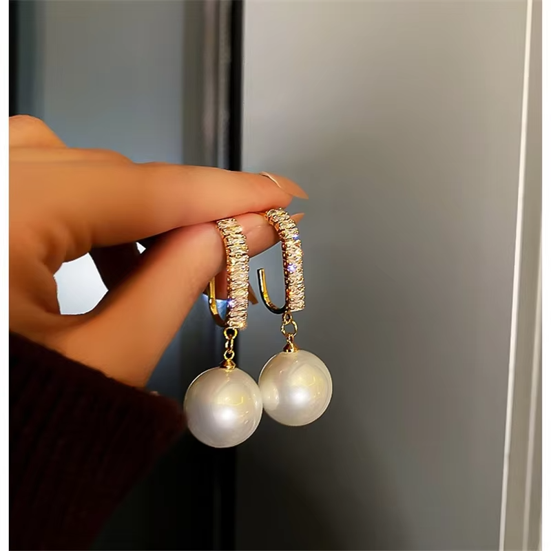Luxury Shiny Oversize Gray Pearl Drop Earrings for Women Crystal Golden Round Pearl Wedding Dangle Earrings Jewelry Party Gift