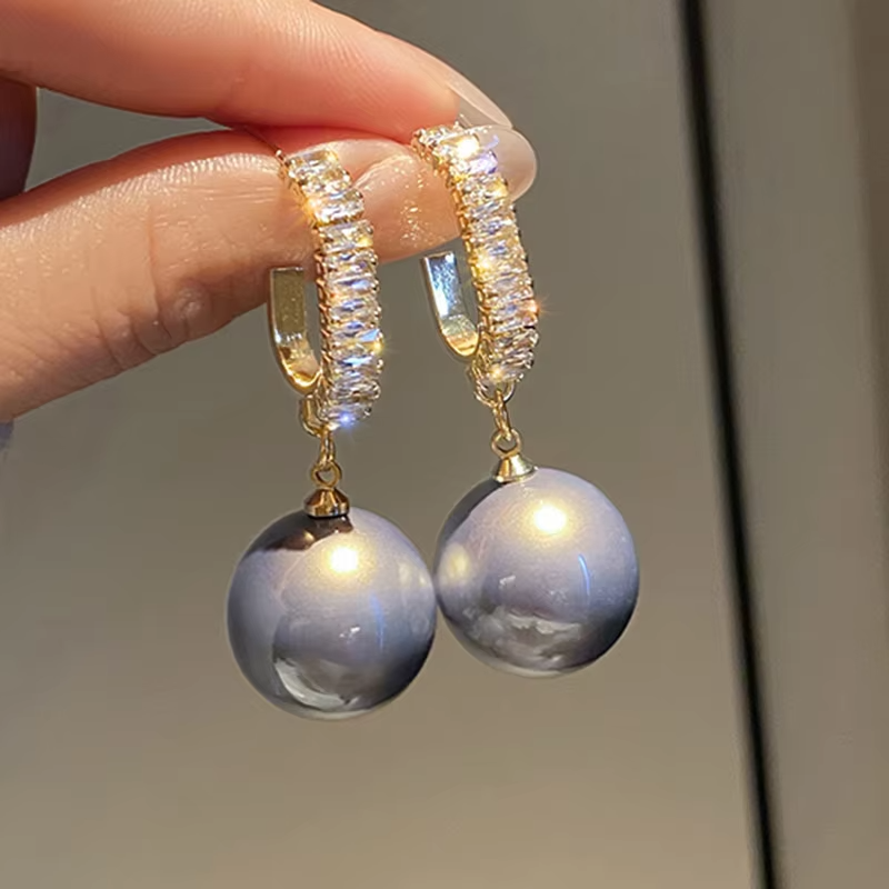 Luxury Shiny Oversize Gray Pearl Drop Earrings for Women Crystal Golden Round Pearl Wedding Dangle Earrings Jewelry Party Gift