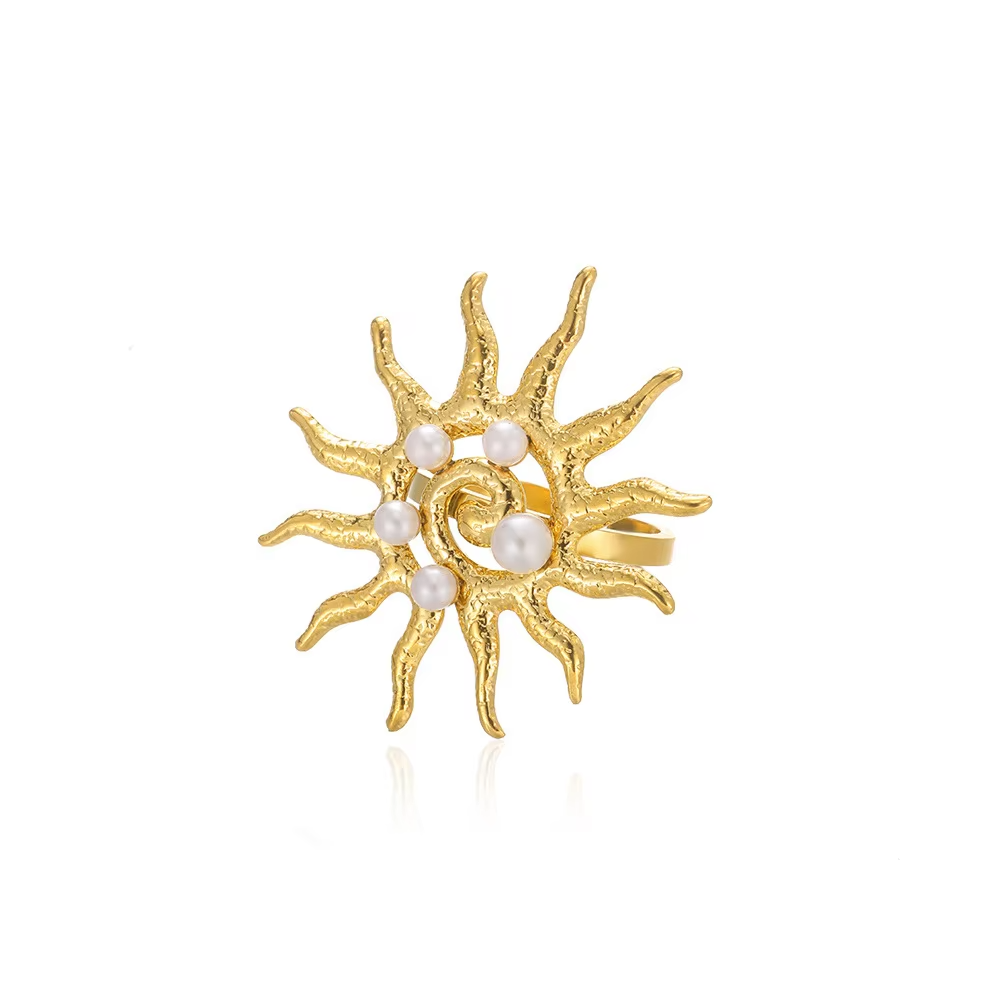 Luxury Sunburst Adjustable Ring with Pearls – High-End 18K Gold Plated Stainless Steel Statement Jewelry