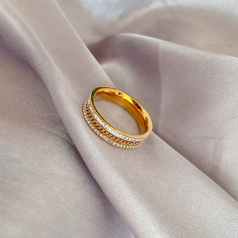Luxury Triple-Layer 18K Gold Plated Stainless Steel Ring with Zircon and Beaded Design for Women Fashion Jewelry