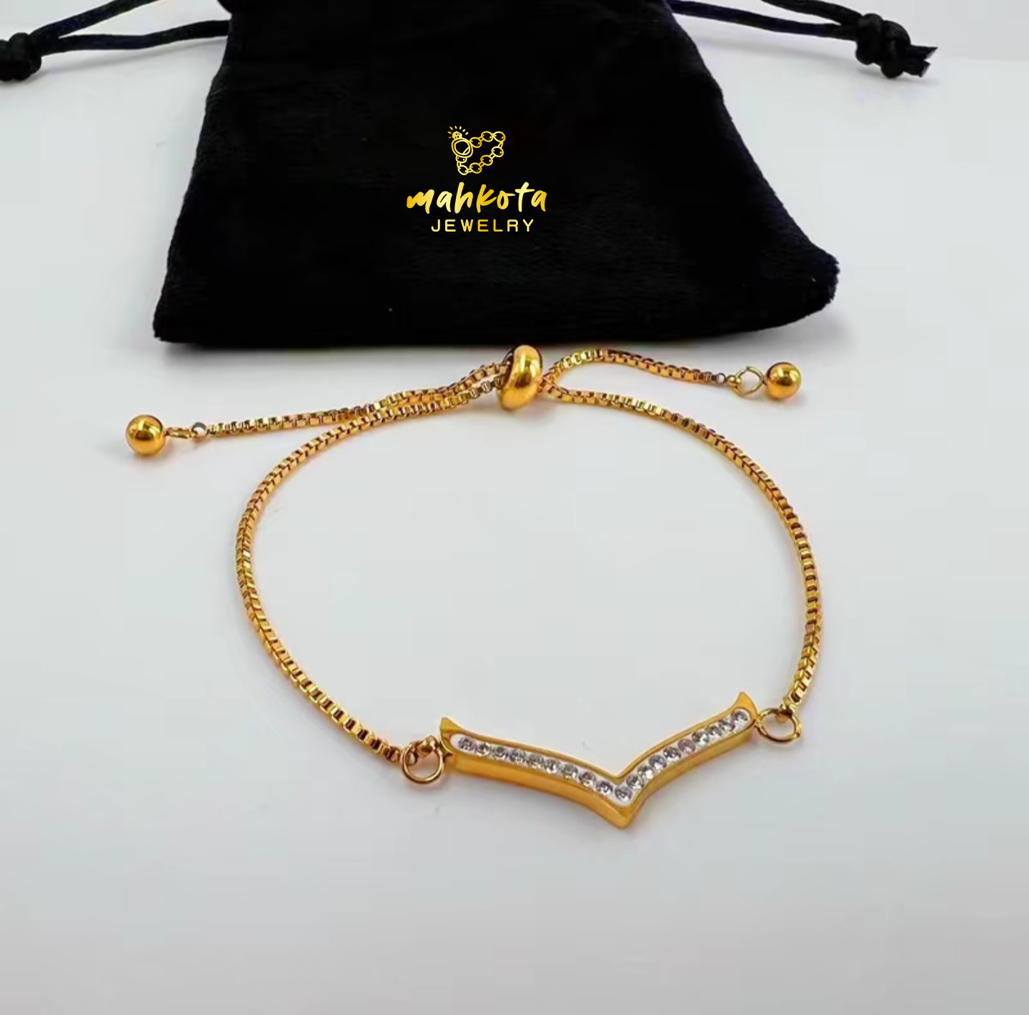 Mahkota Adjustable V-Shaped Gold Bracelet for Women - Cubic Zirconia Chain with Sliding Closure - Elegant Luxury Hand Jewelry