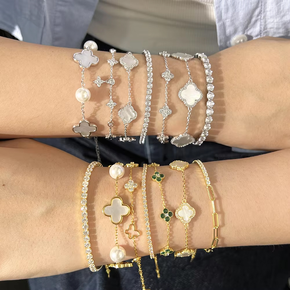 Manufacturer 5A CZ S925 Silver Jewelry Set Onyx Emerald Link Chain Bracelet Femms Four Leaf Clover Bracelets Women Man