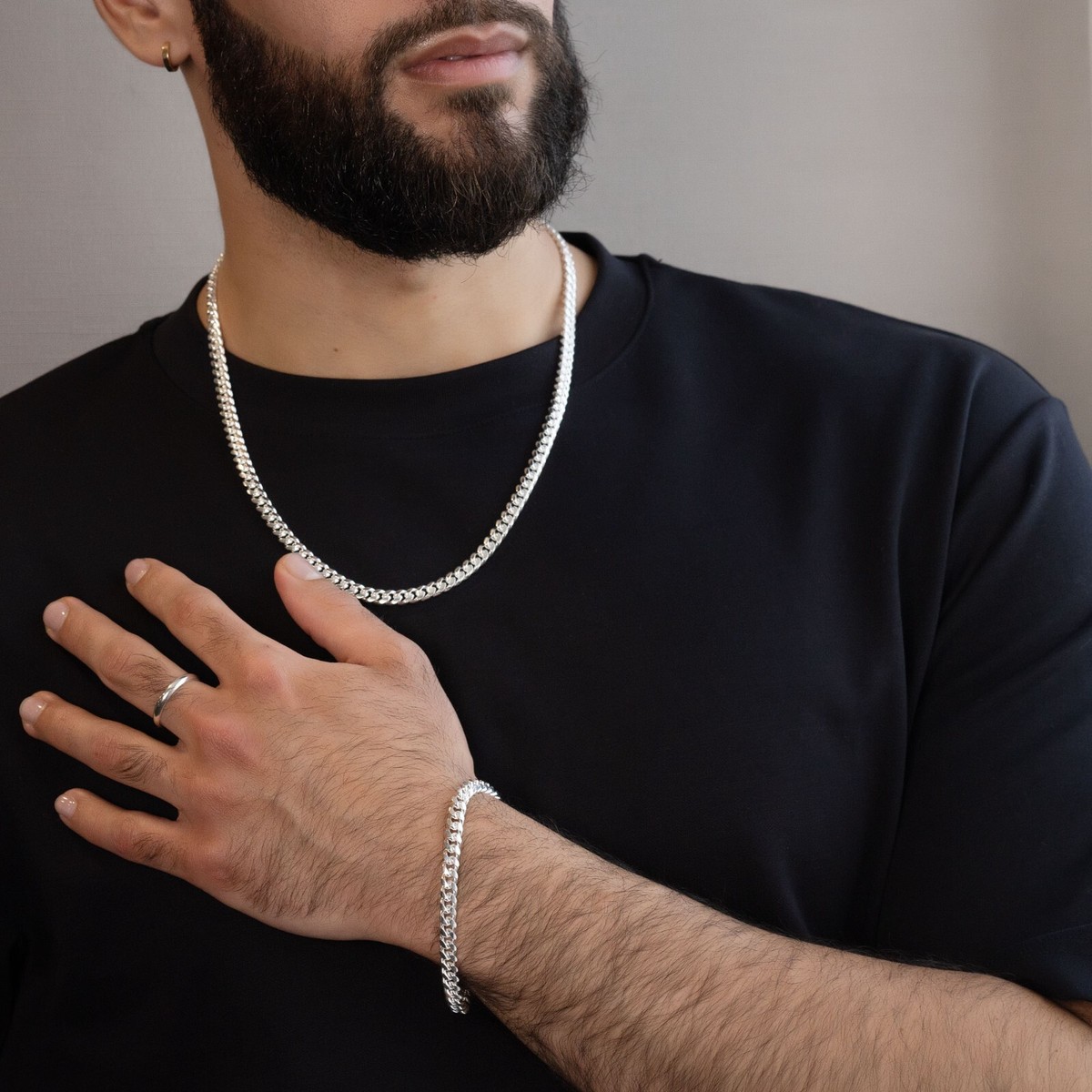 Men's Cuban Link Chain and Bracelet Set Stainless Steel Polished Neck Bracelet Jewelry