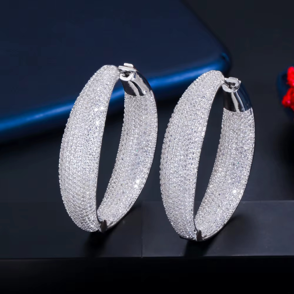 Micro Pave Cubic Zirconia Round Big Statement Hoop Earrings Silver Plated Luxury Women Wedding Bridal Jewelry Accessories