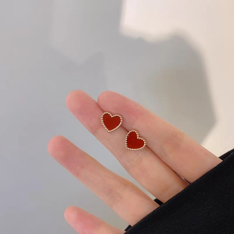 Mini Red Heart Stud Earrings – Enamel Finish with Beaded Gold Edge