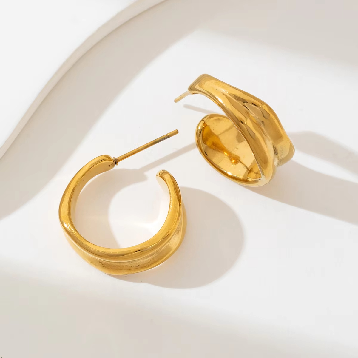 Minimalism Stainless Steel Stud Trendy for Anniversary Women Hypoallergenic Gold Plated Irregular Smooth Hoop Earrings