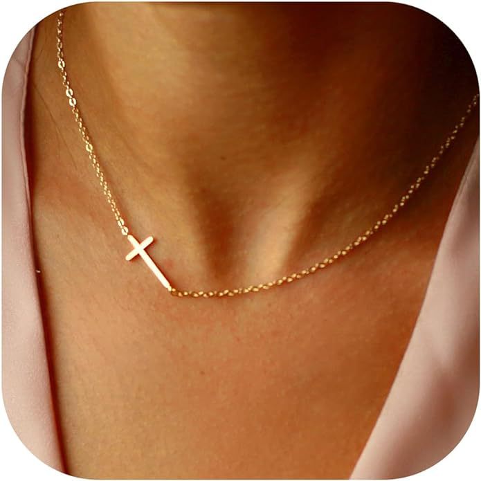 Minimalist 18K Gold Plated Cross Necklace Dainty Tiny Stainless Steel Sideway Cross Choker Necklace Jewelry for Women