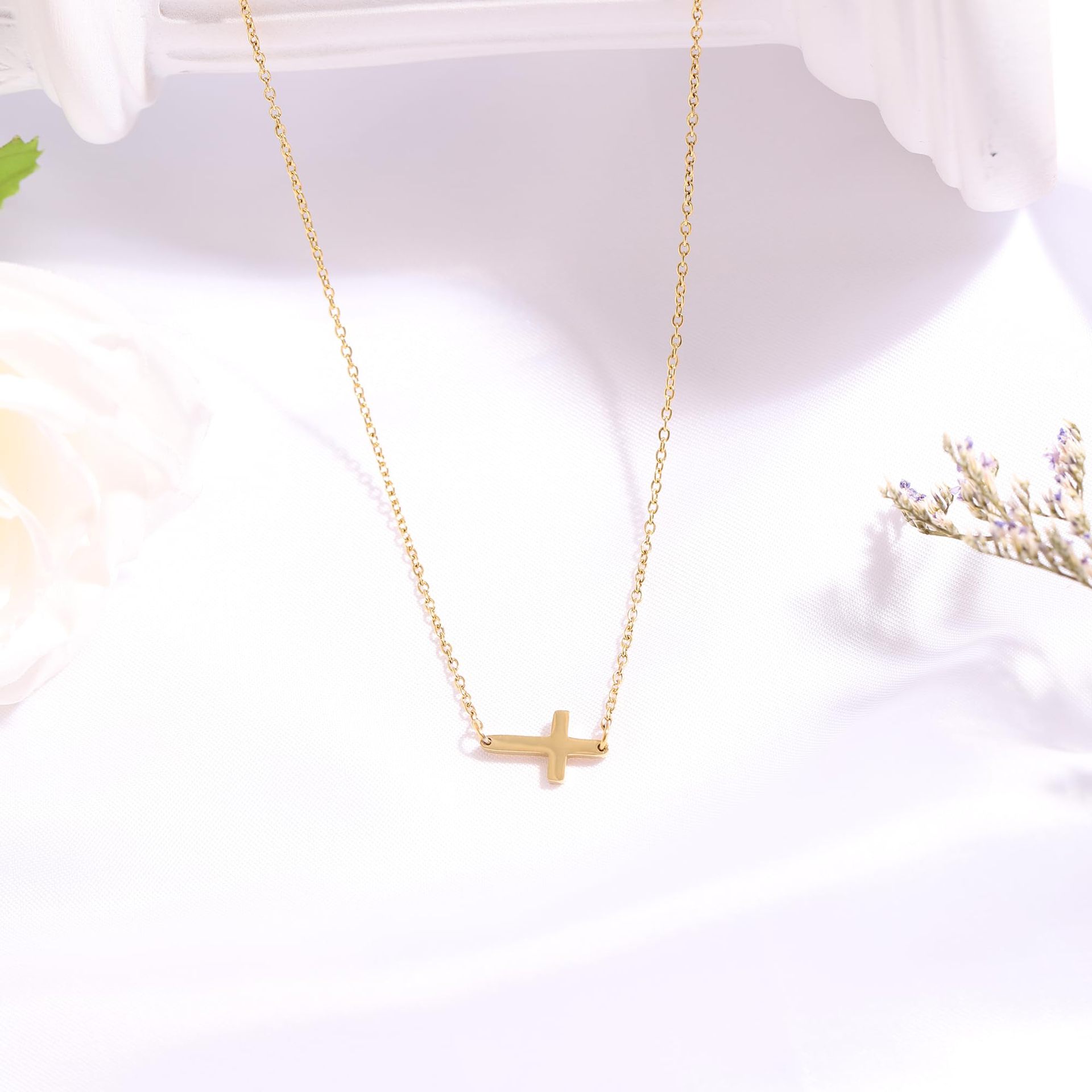 Minimalist 18K Gold Plated Cross Necklace Dainty Tiny Stainless Steel Sideway Cross Choker Necklace Jewelry for Women