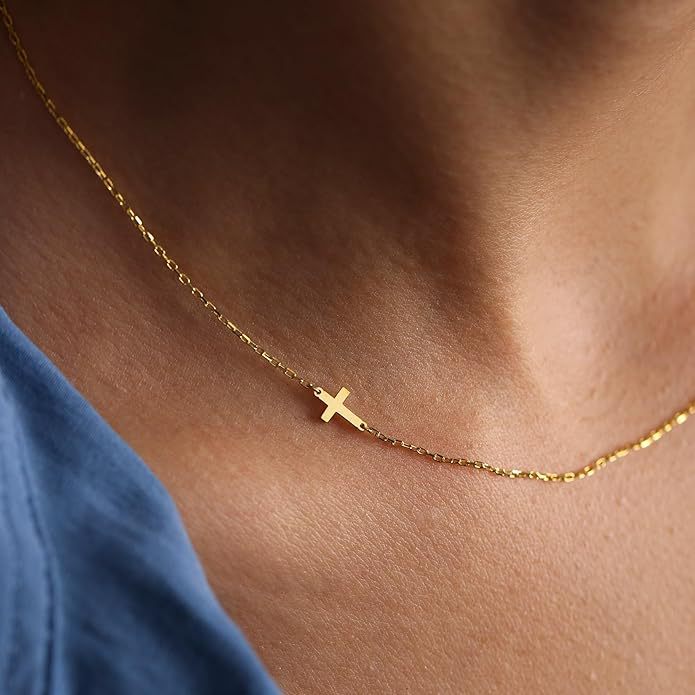 Minimalist 18K Gold Plated Cross Necklace Dainty Tiny Stainless Steel Sideway Cross Choker Necklace Jewelry for Women