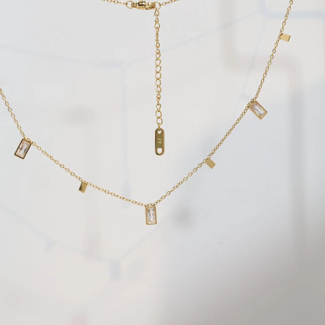Minimalist Gold Geometric Drop Necklace – Rectangle Crystal Charm Layered Jewelry