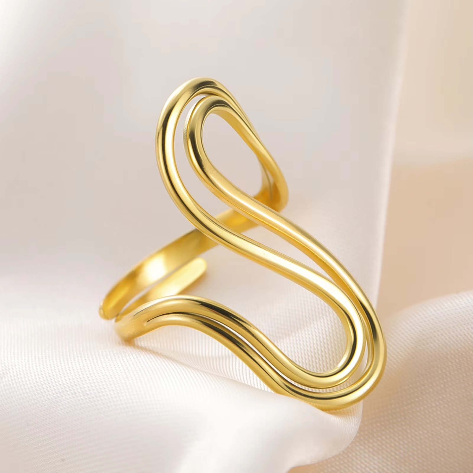 Minimalist S-Shape Open Ring – Hollow Out Stainless Steel Gold Color Party Jewelry for Women and Girls
