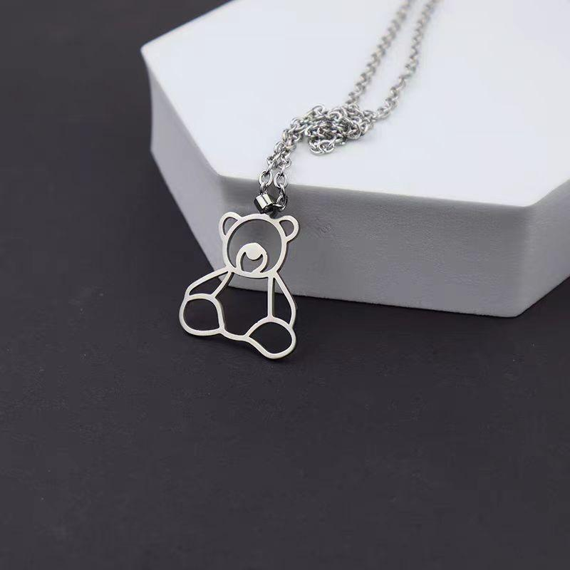 Minimalist Teddy Bear Outline Pendant Necklace – Stainless Steel Silver Chain